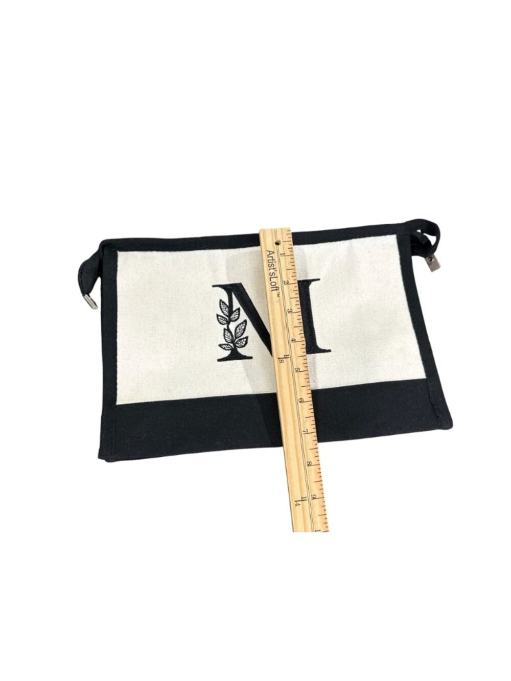 Canvas Tote Bag Set With Monogrammed Pouch Black & Cream Striped Bow Accent Zipp - Picture 4 of 8